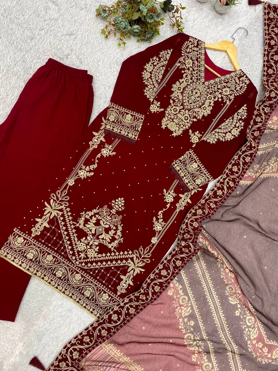 Maroon Georgette Embroidered Kurta Pant Set, view 5