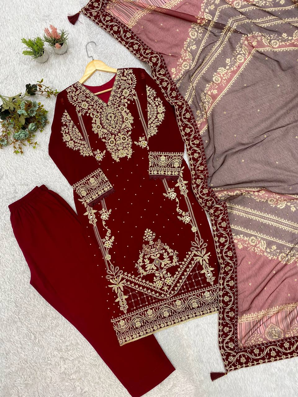 Maroon Georgette Embroidered Kurta Pant Set, view 6