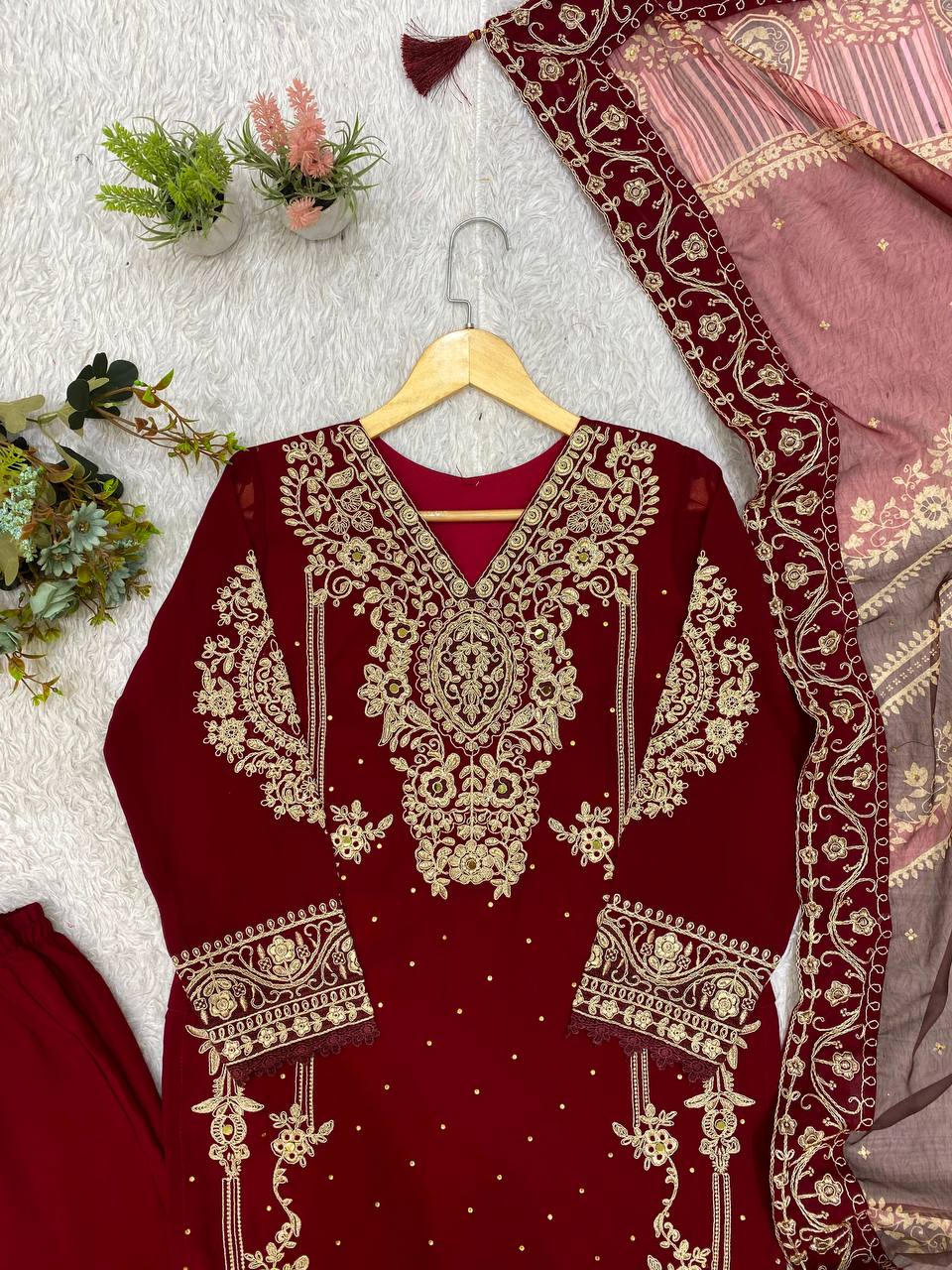Maroon Georgette Embroidered Kurta Pant Set, view 7