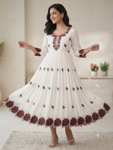 White and Maroon Rayon Embroidered Gown