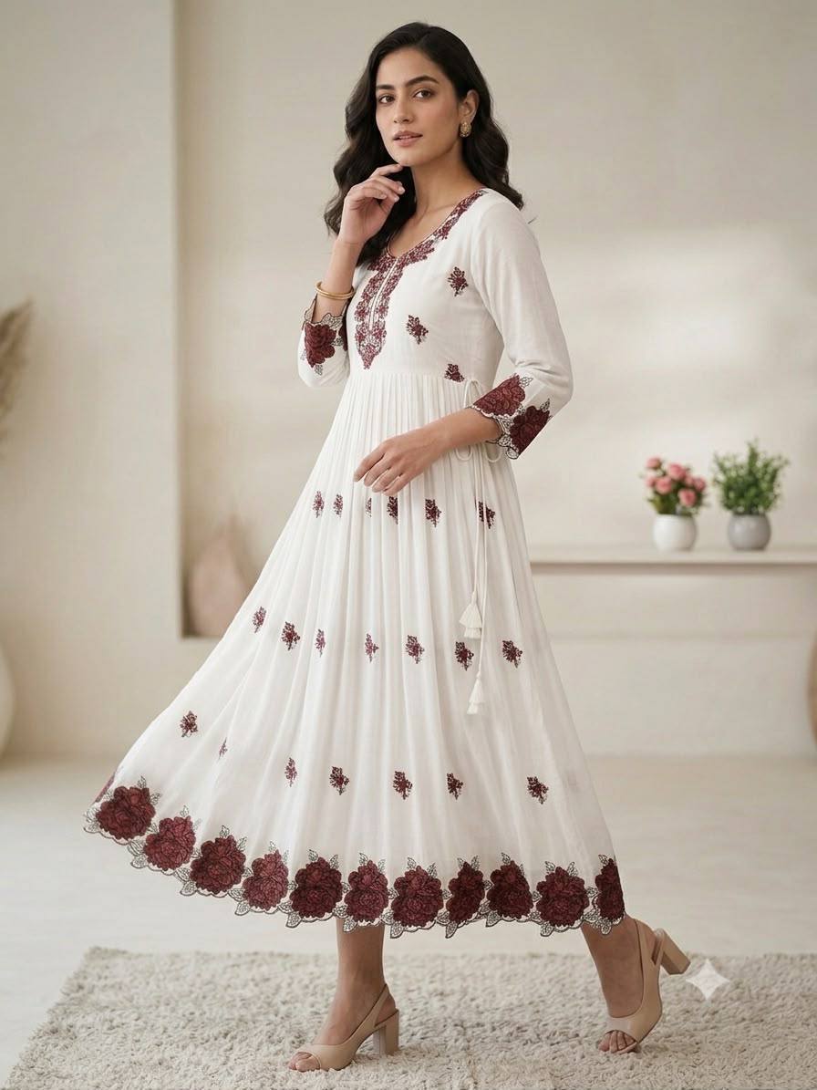 White and Maroon Rayon Embroidered Gown, view 2