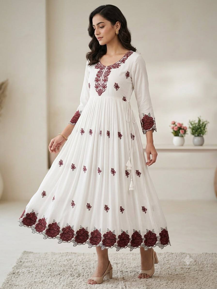 White and Maroon Rayon Embroidered Gown, view 3