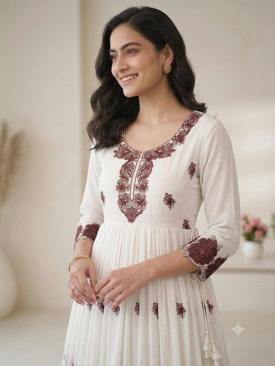 White and Maroon Rayon Embroidered Gown, view 4