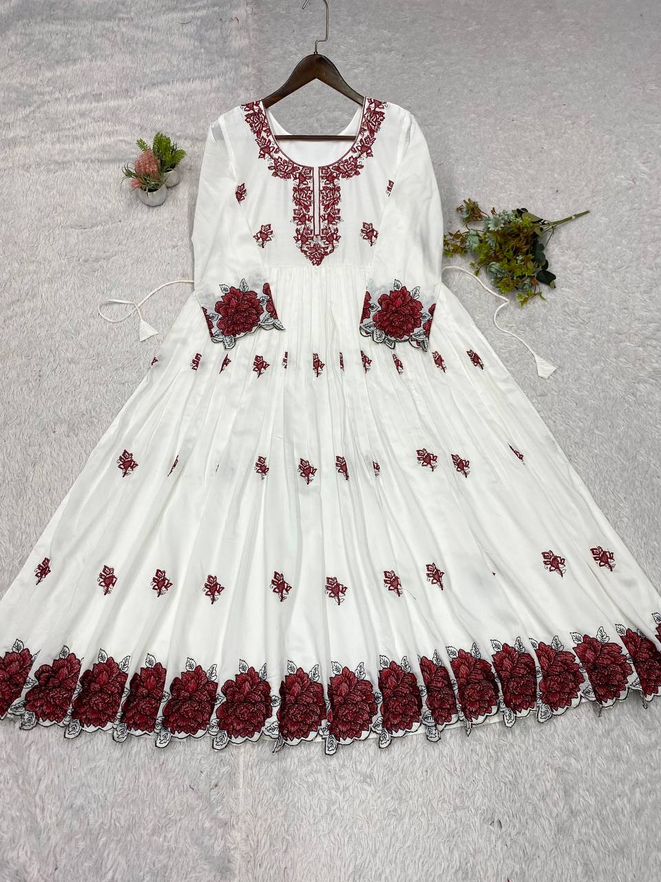 White and Maroon Rayon Embroidered Gown, view 5