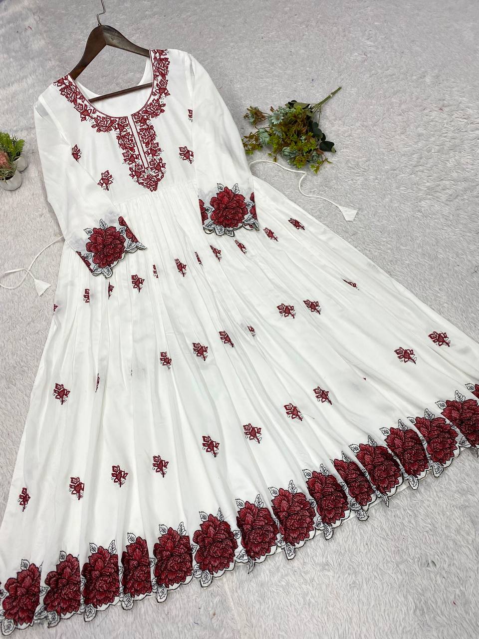 White and Maroon Rayon Embroidered Gown, view 6