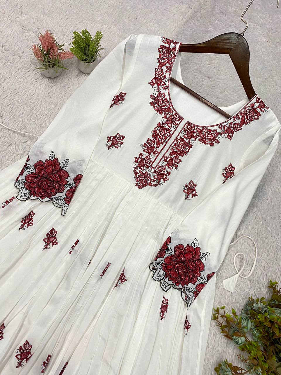 White and Maroon Rayon Embroidered Gown, view 7