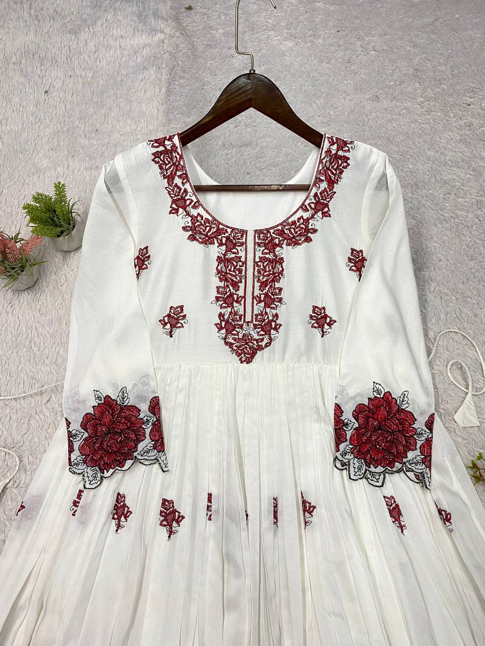White and Maroon Rayon Embroidered Gown, view 8