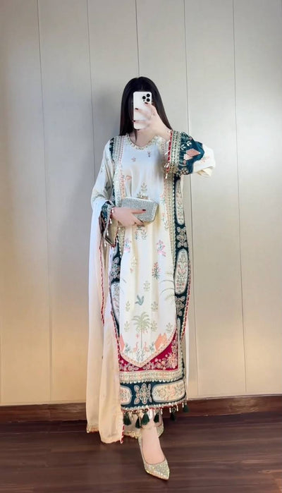 White Star Silk Sequin Kurta Pant Set