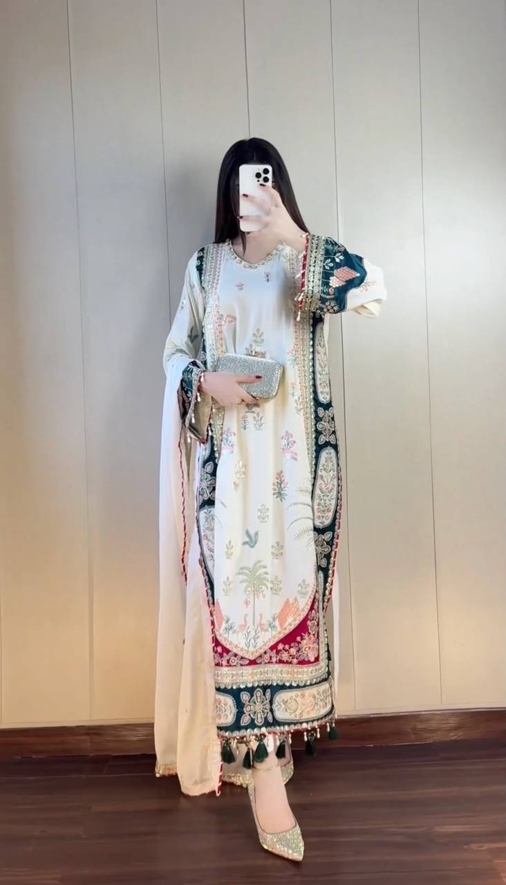 White Star Silk Sequin Kurta Pant Set