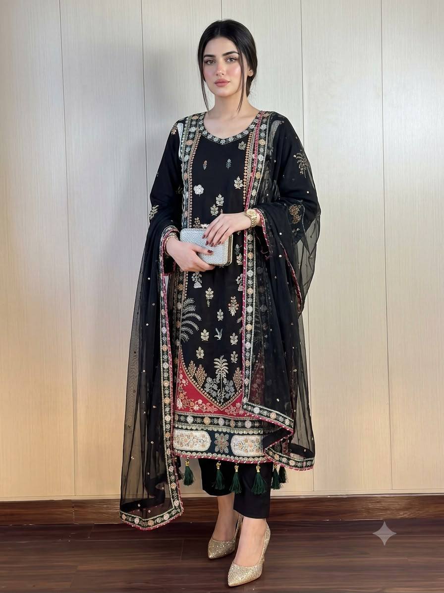 Black Star Silk Sequin Kurta Pant Set, view 2