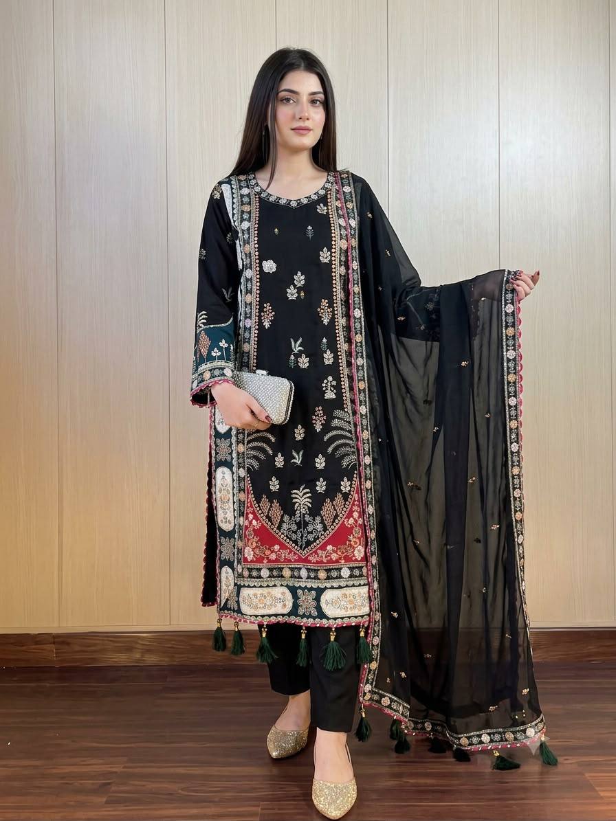 Black Star Silk Sequin Kurta Pant Set, view 3