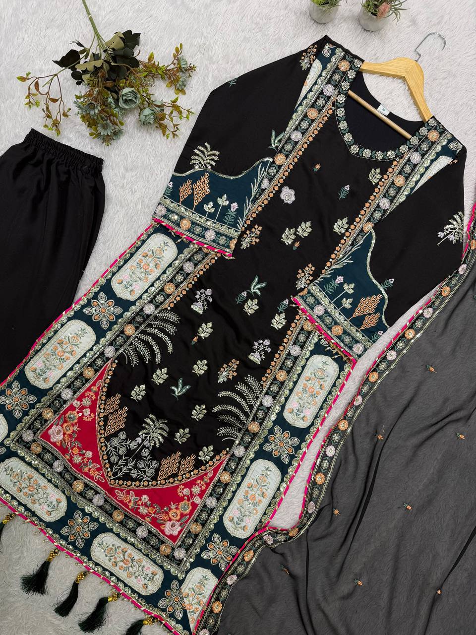 Black Star Silk Sequin Kurta Pant Set, view 6
