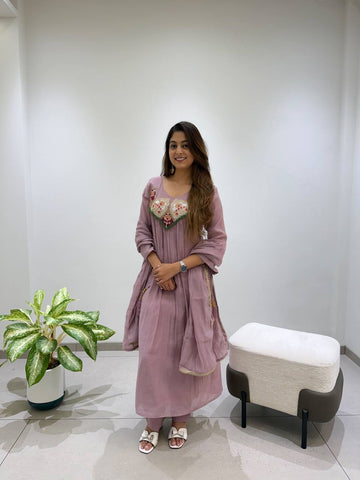 Mauve Mul Chanderi Sequin Anarkali Gown Set