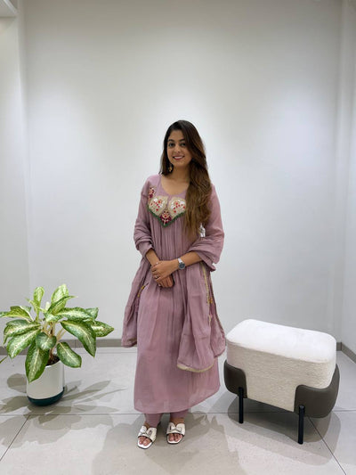 Mauve Mul Chanderi Sequin Anarkali Gown Set