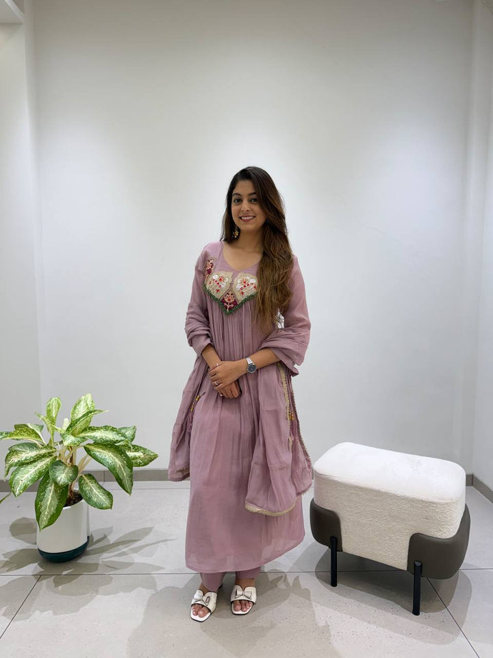 Mauve Mul Chanderi Sequin Anarkali Gown Set