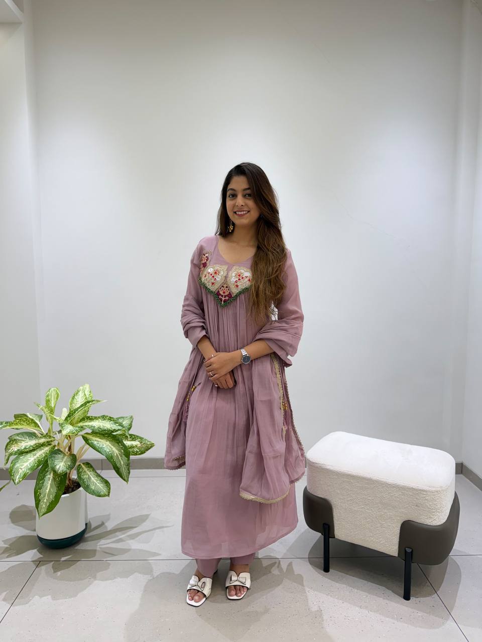 Mauve Mul Chanderi Sequin Anarkali Gown Set
