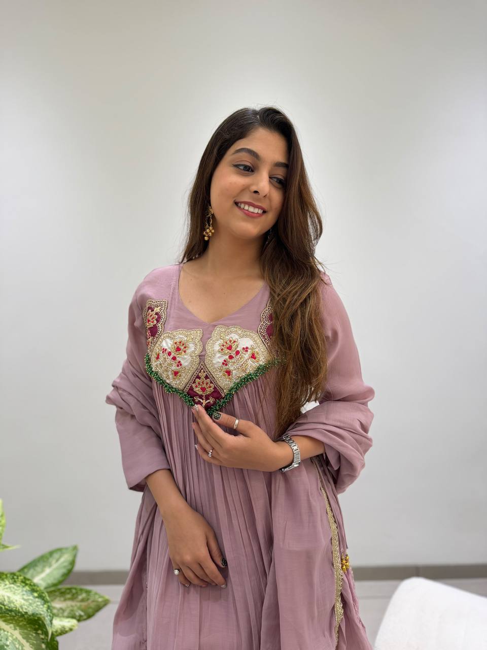 Mauve Mul Chanderi Sequin Anarkali Gown Set, view 2