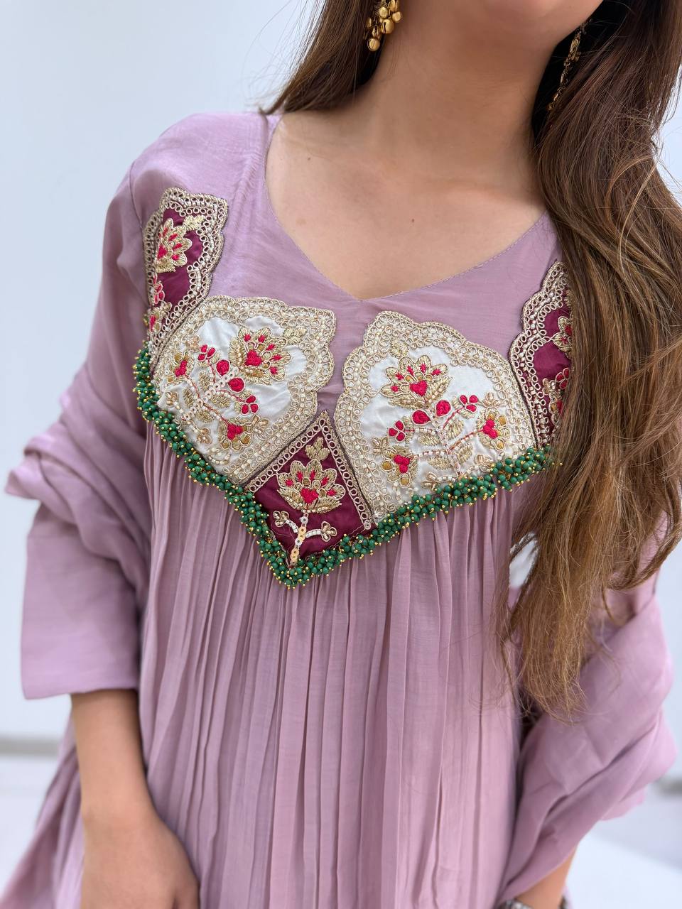 Mauve Mul Chanderi Sequin Anarkali Gown Set, view 3