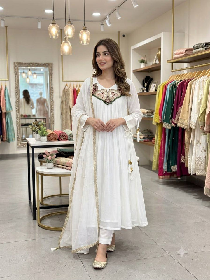 White Mul Chanderi Sequin Anarkali Gown Set