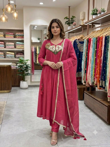 Rani Pink Mul Chanderi Sequin Anarkali Gown Set