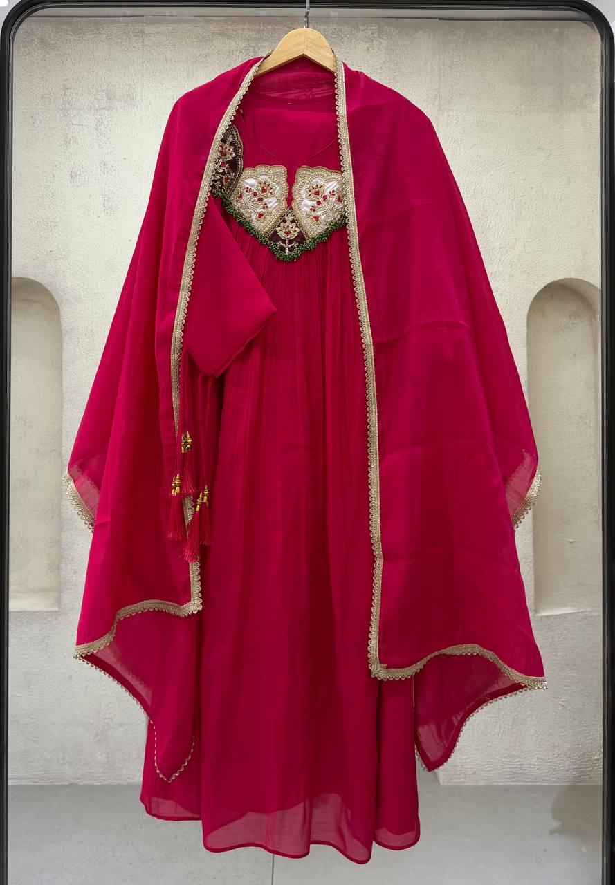 Rani Pink Mul Chanderi Sequin Anarkali Gown Set, view 2