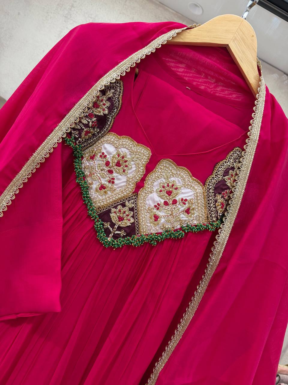 Rani Pink Mul Chanderi Sequin Anarkali Gown Set, view 3
