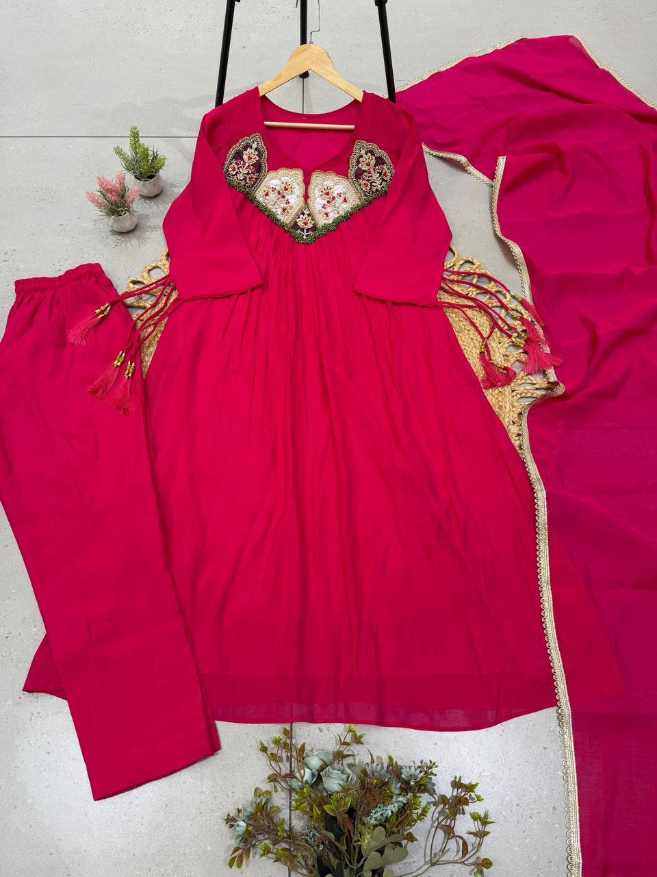 Rani Pink Mul Chanderi Sequin Anarkali Gown Set, view 4