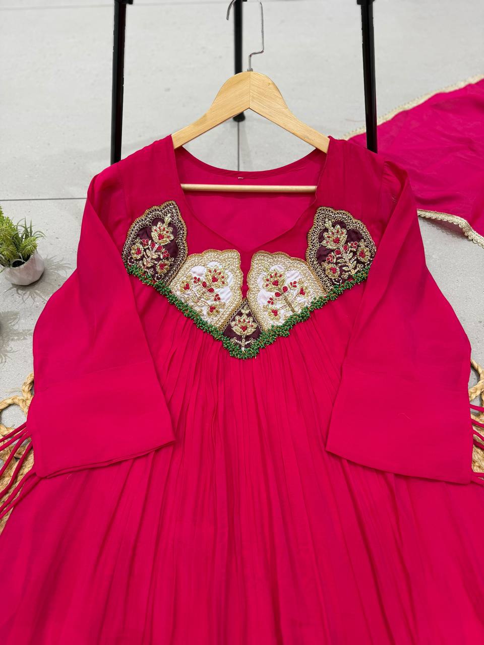 Rani Pink Mul Chanderi Sequin Anarkali Gown Set, view 5