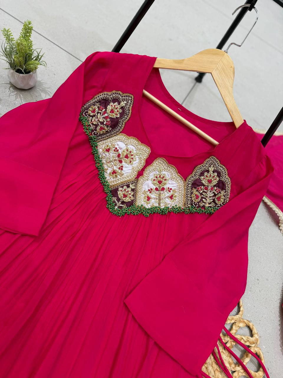 Rani Pink Mul Chanderi Sequin Anarkali Gown Set, view 6