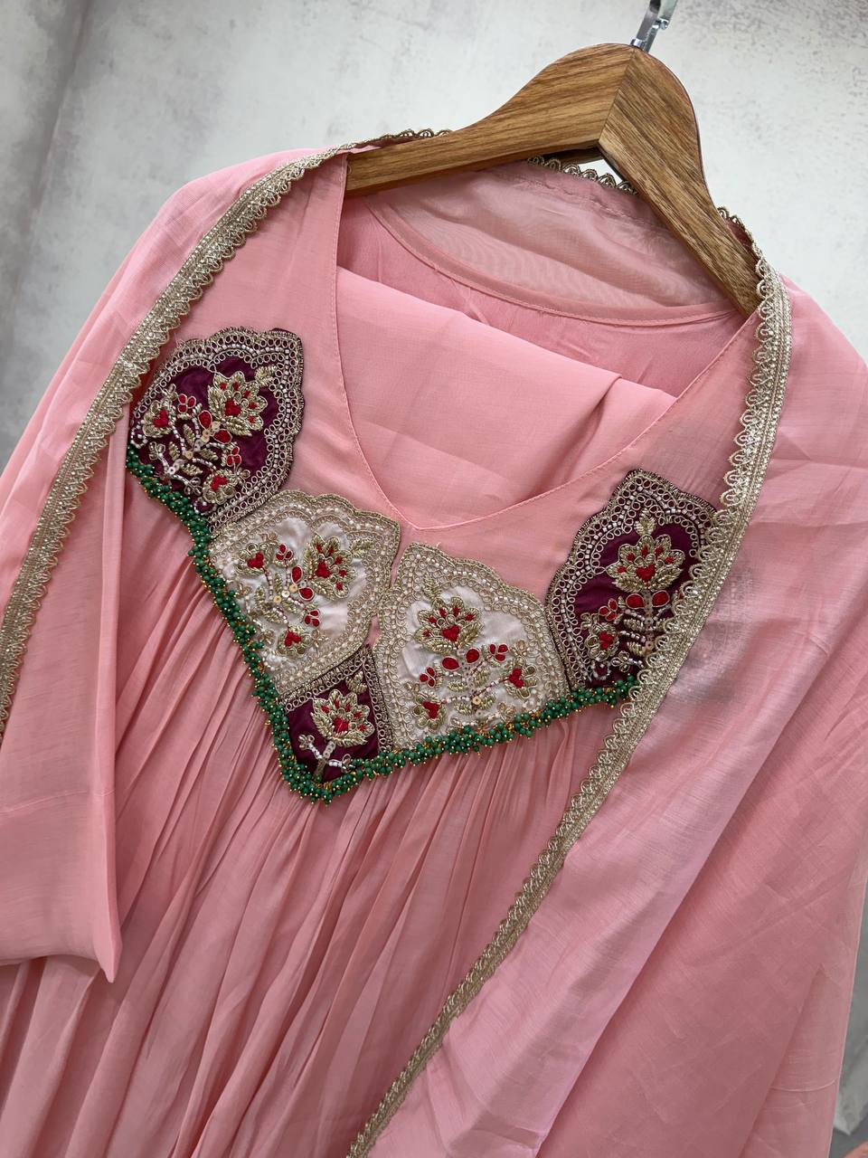 Baby Pink Mul Chanderi Sequin Anarkali Gown Set, view 2
