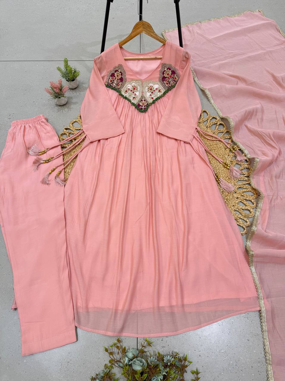 Baby Pink Mul Chanderi Sequin Anarkali Gown Set, view 3