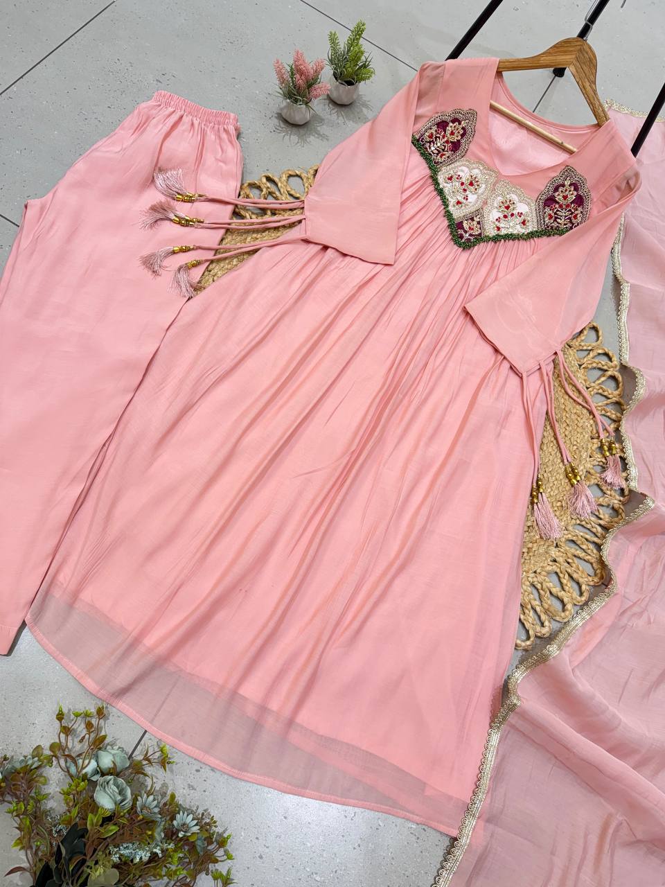 Baby Pink Mul Chanderi Sequin Anarkali Gown Set, view 4