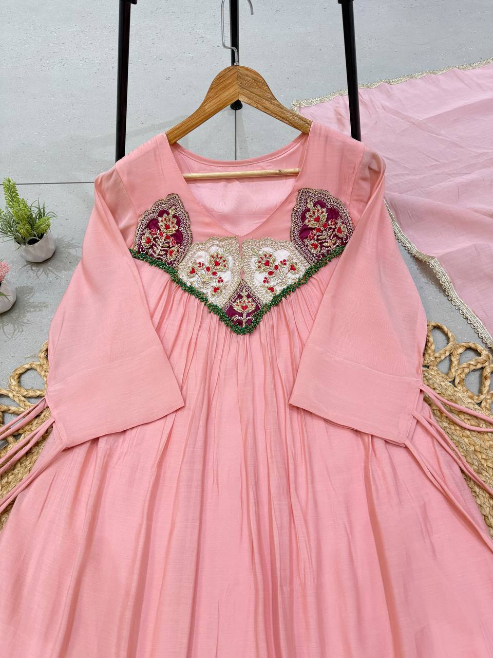 Baby Pink Mul Chanderi Sequin Anarkali Gown Set, view 5