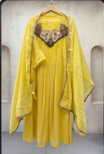 Yellow Mul Chanderi Sequin Anarkali Gown Set