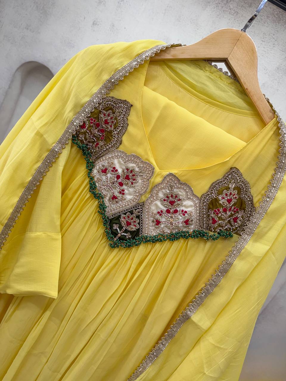 Yellow Mul Chanderi Sequin Anarkali Gown Set, view 2