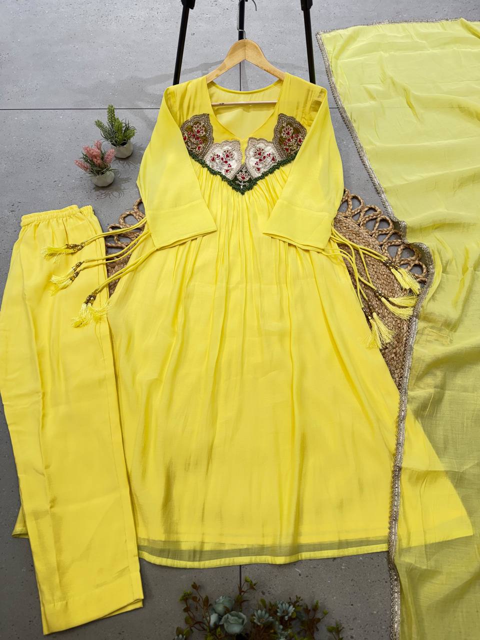 Yellow Mul Chanderi Sequin Anarkali Gown Set, view 3