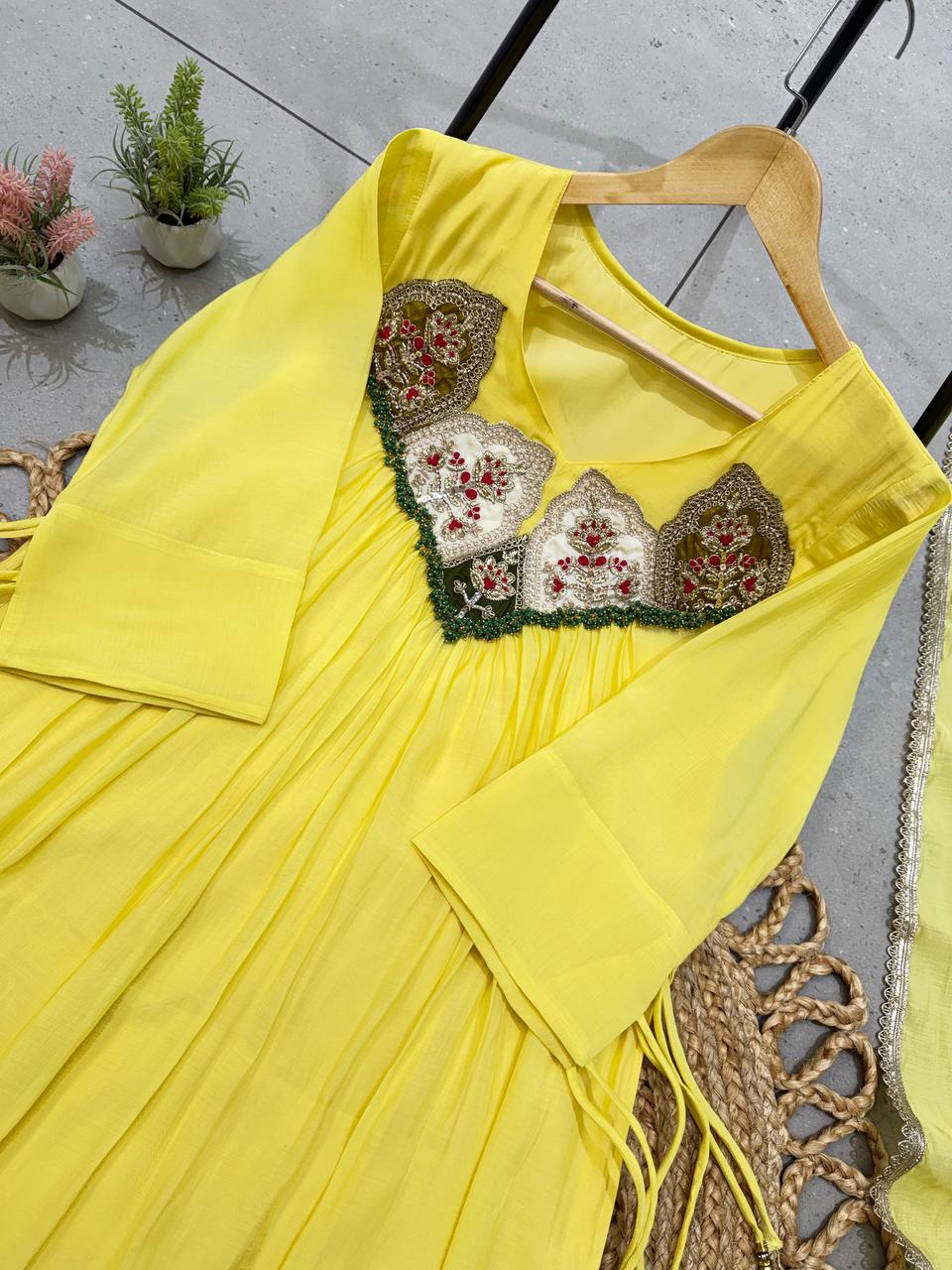 Yellow Mul Chanderi Sequin Anarkali Gown Set, view 4