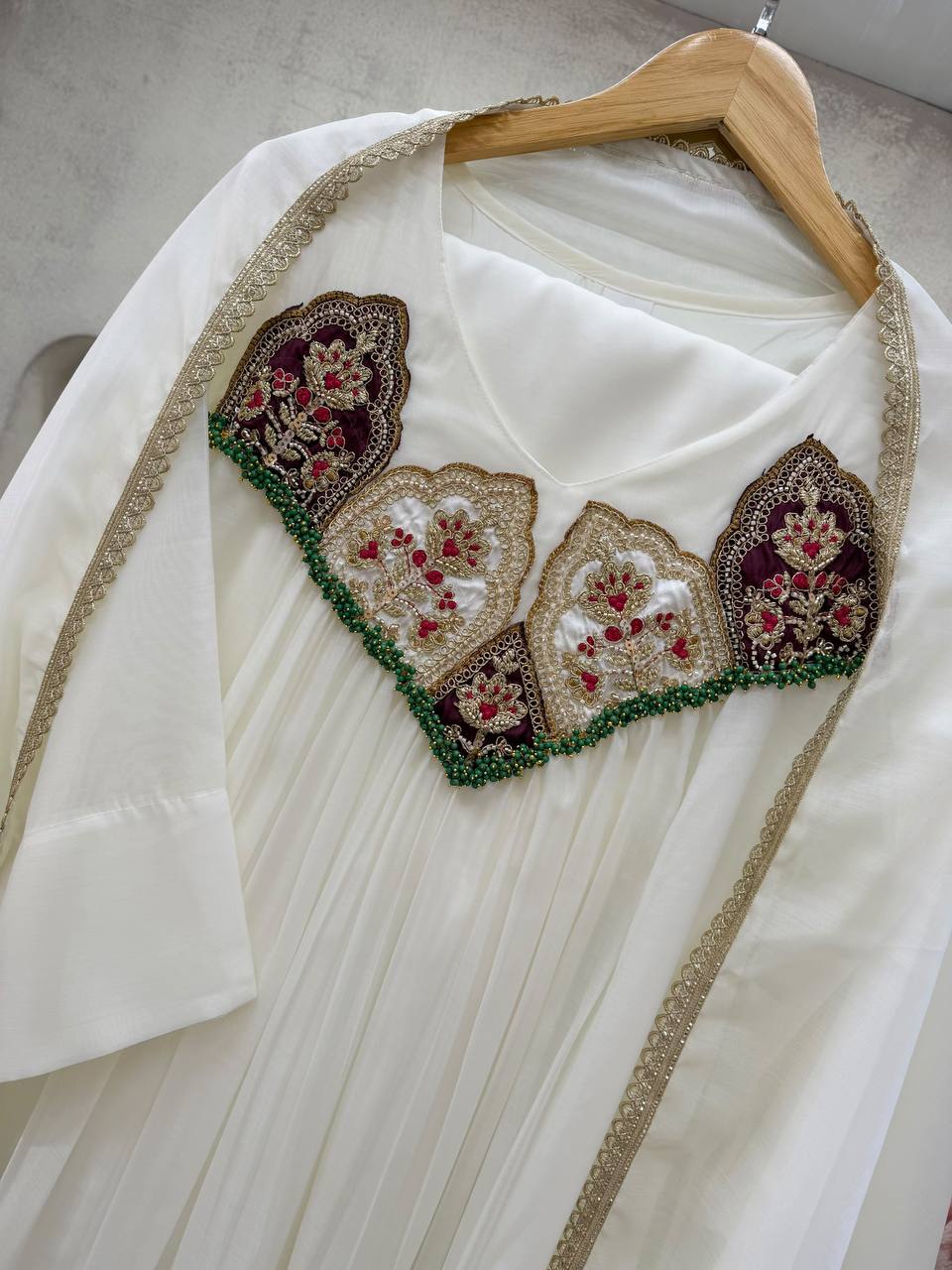 White Mul Chanderi Sequin Anarkali Gown Set, view 3