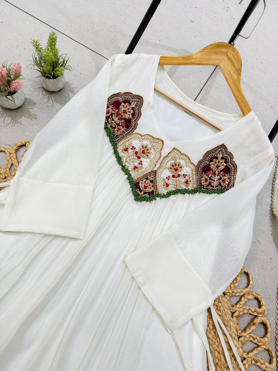 White Mul Chanderi Sequin Anarkali Gown Set, view 5