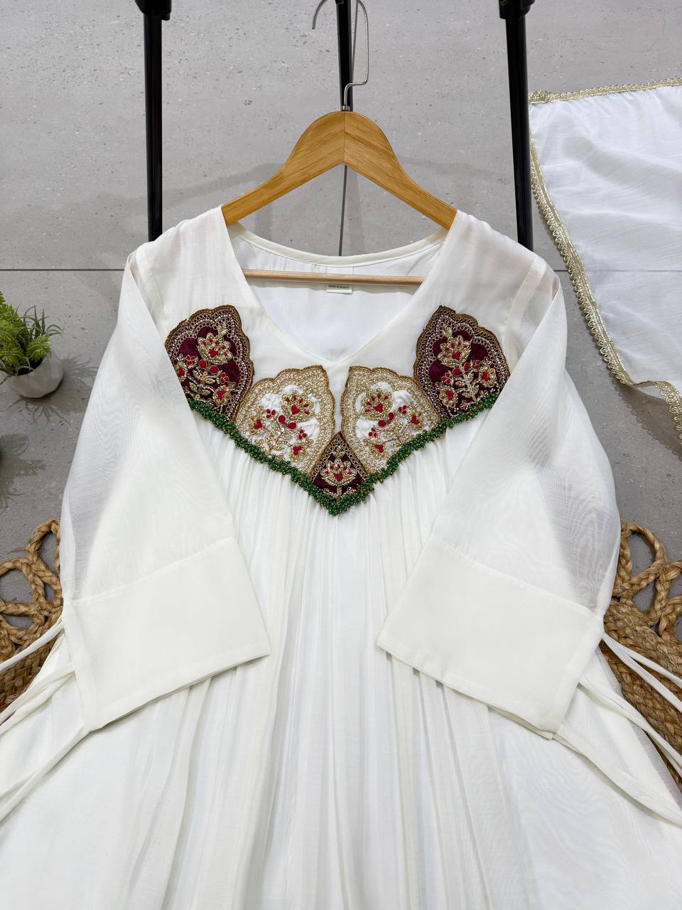 White Mul Chanderi Sequin Anarkali Gown Set, view 6