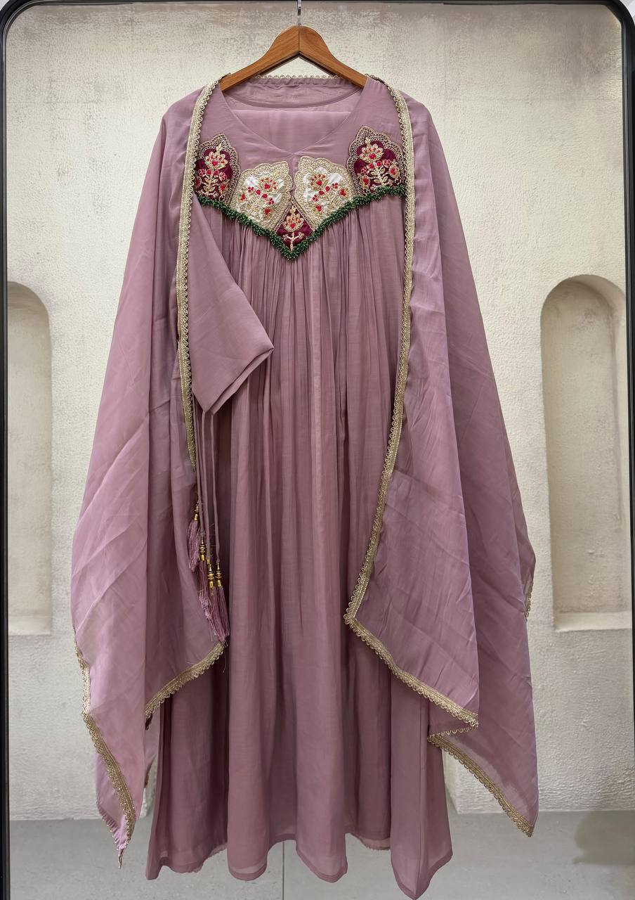 Mauve Mul Chanderi Sequin Anarkali Gown Set, view 4