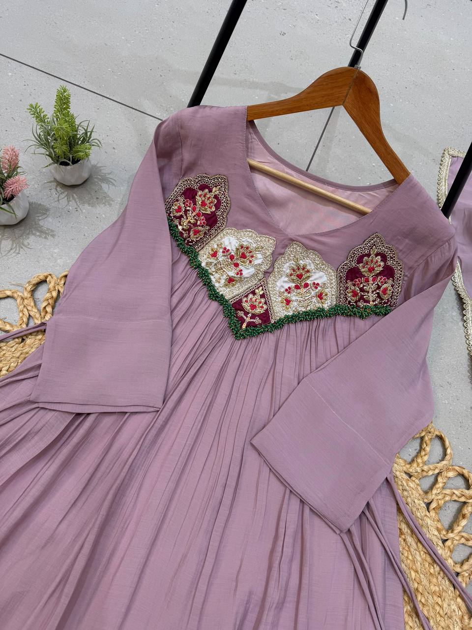 Mauve Mul Chanderi Sequin Anarkali Gown Set, view 5