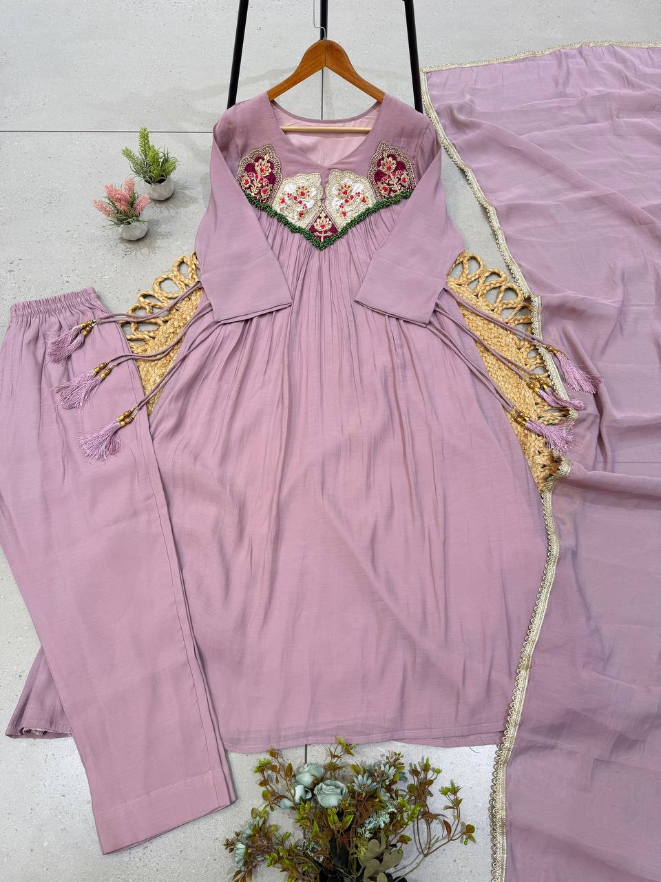 Mauve Mul Chanderi Sequin Anarkali Gown Set, view 7
