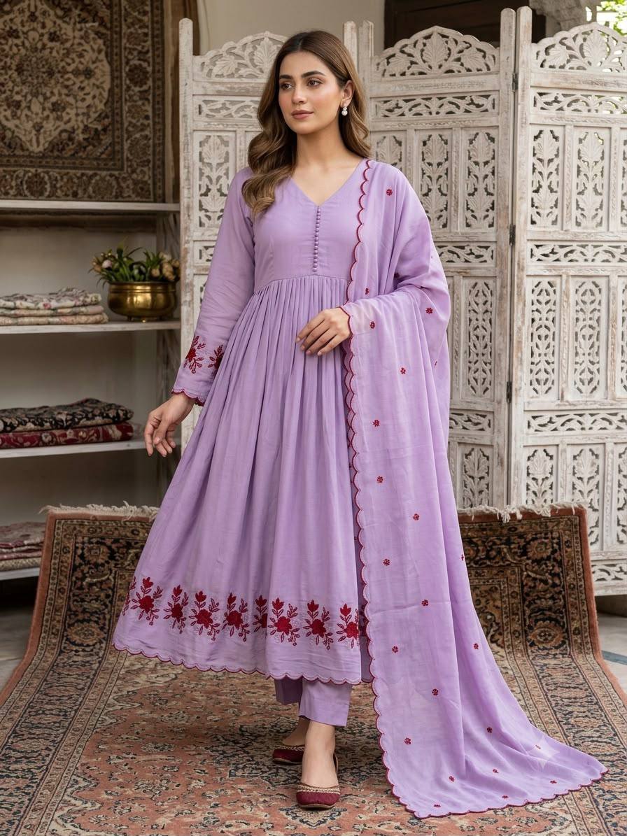 Lavender Mul Chanderi Sequin Anarkali Gown Set