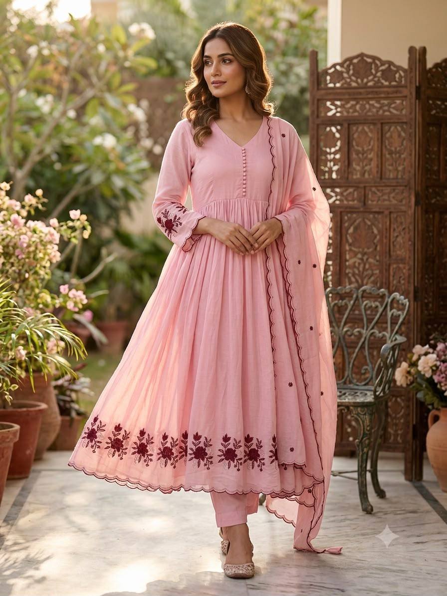 Baby Pink Mul Chanderi Anarkali Gown Set 146