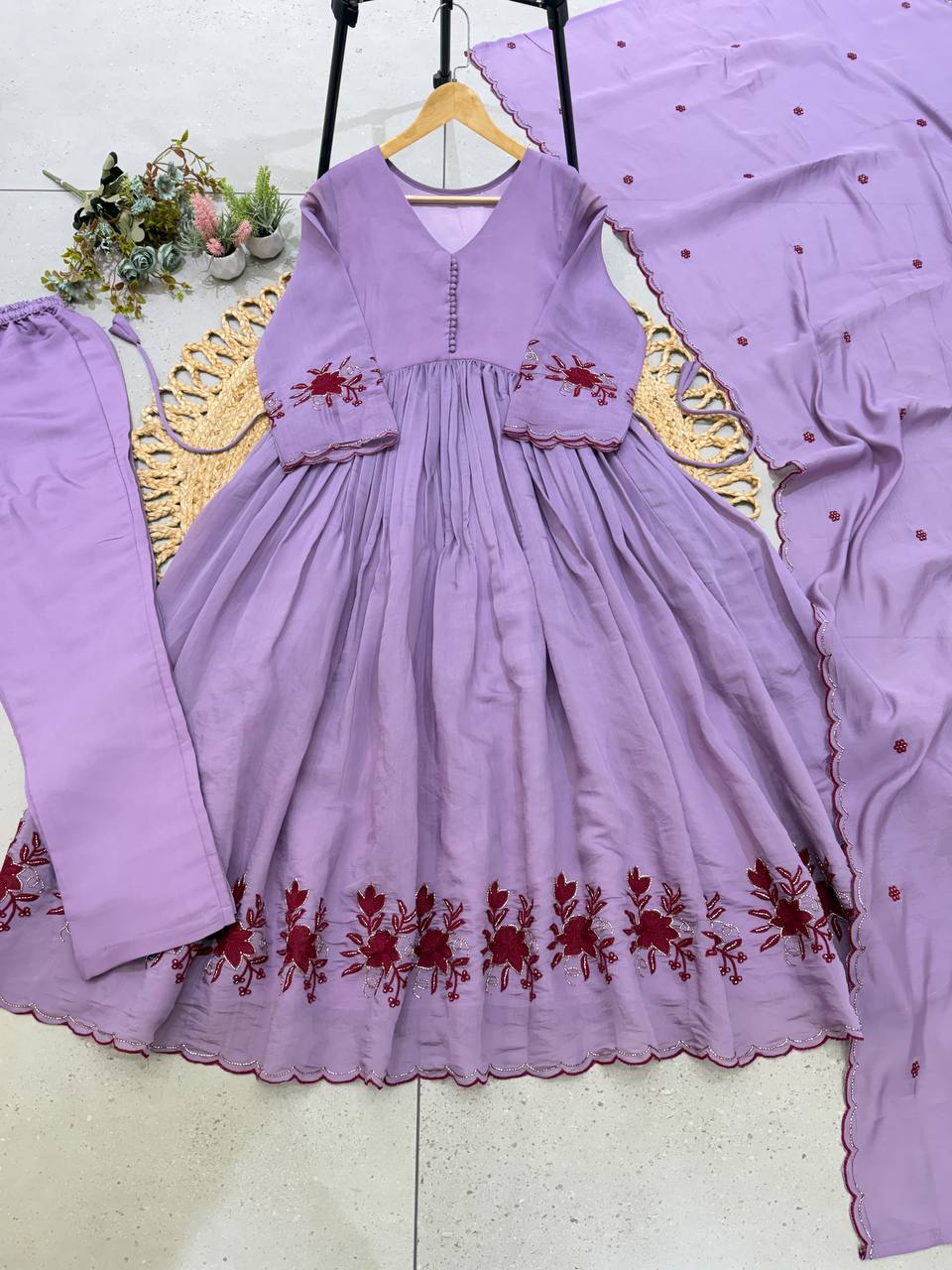 Lavender Mul Chanderi Sequin Anarkali Gown Set, view 2