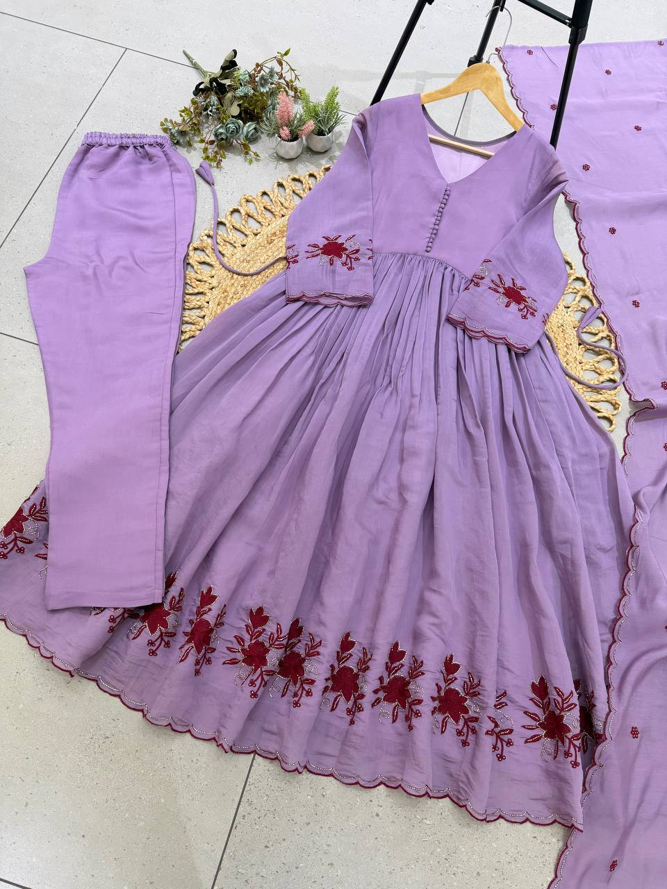 Lavender Mul Chanderi Sequin Anarkali Gown Set, view 3