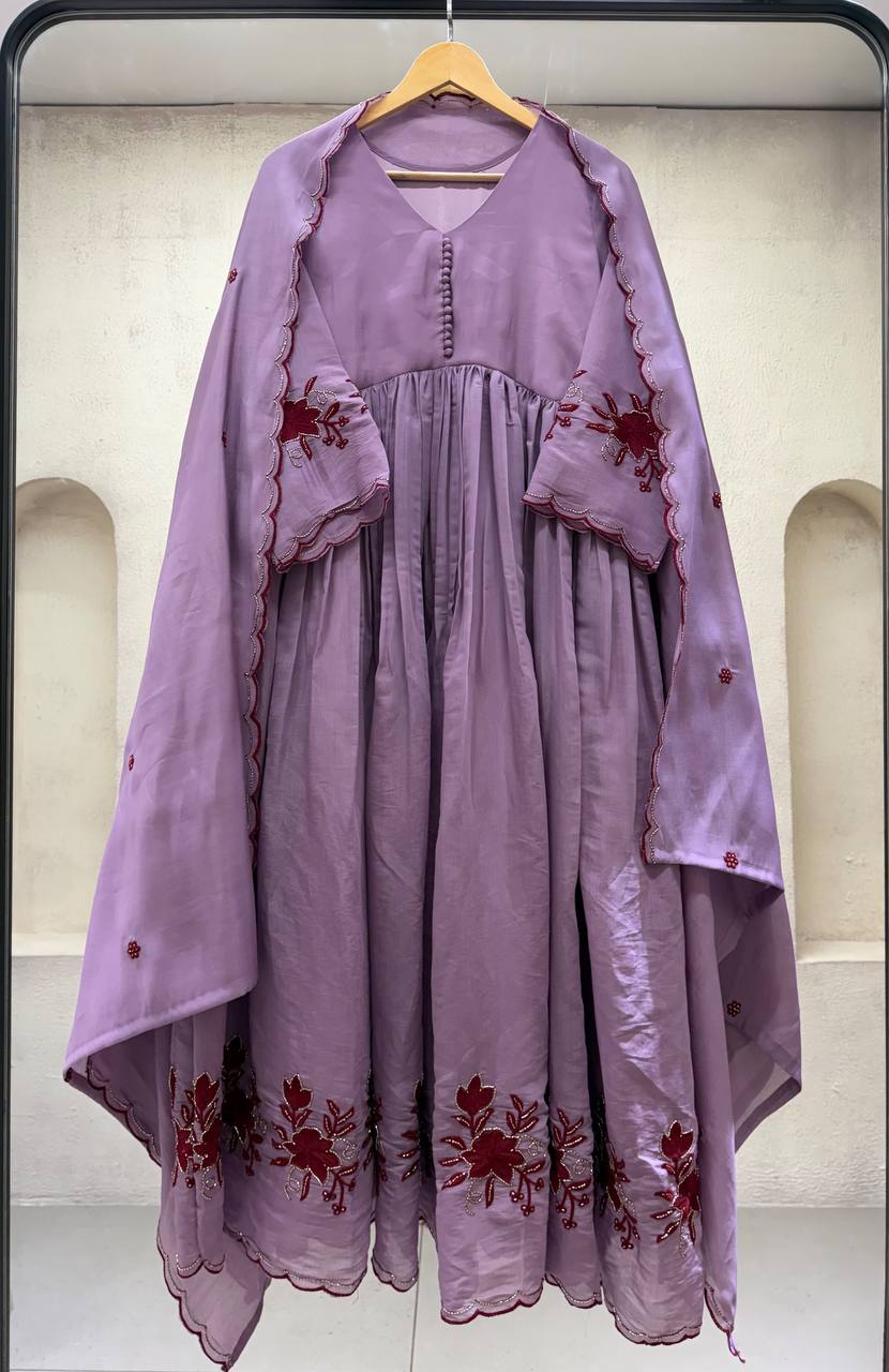 Lavender Mul Chanderi Sequin Anarkali Gown Set, view 5