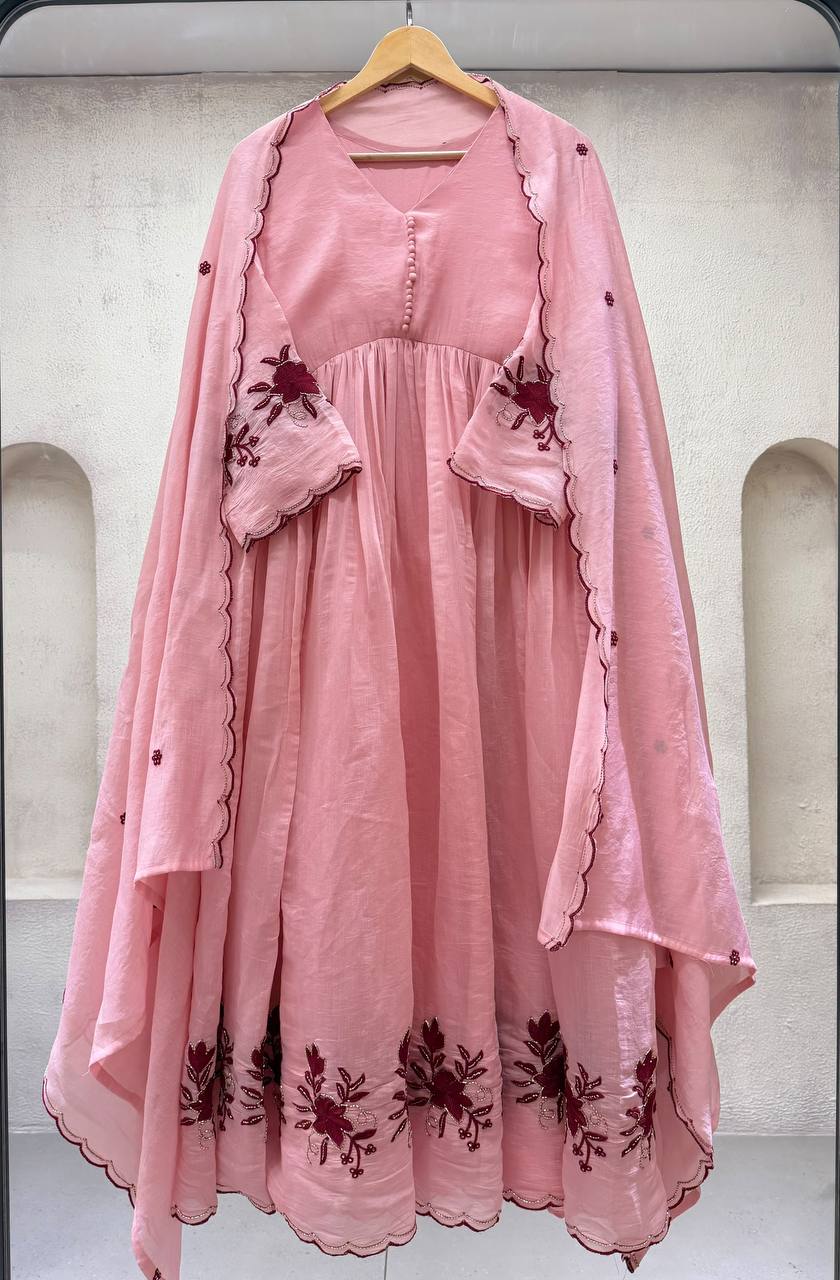 Baby Pink Mul Chanderi Anarkali Gown Set 146, view 5