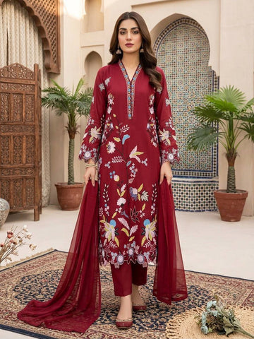 Maroon Glass Roman Silk Embroidered Kurta Pant Set